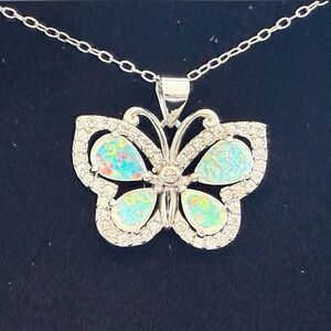 Elegant Sterling Silver Opal Butterfly Pendant Necklace